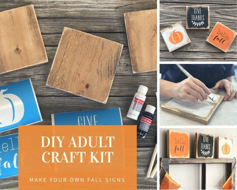 DIY mini fall signs, adult fall craft kit how to make your own painted signs