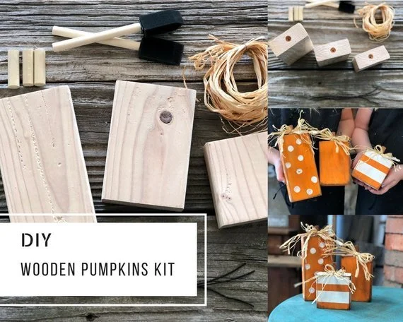 DIY mini wood pumpkins, adult craft kit for fall. How to make 2x4 wood pumkins