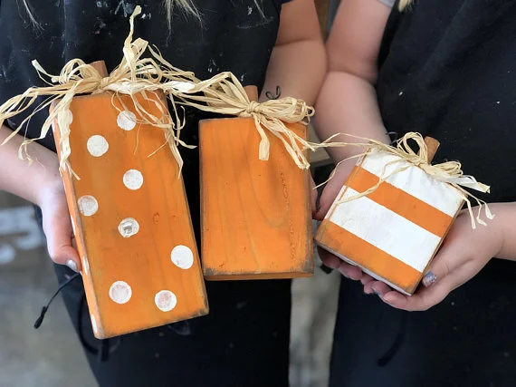 DIY mini wood pumpkins, adult craft kit for fall. How to make 2x4 wood pumkins