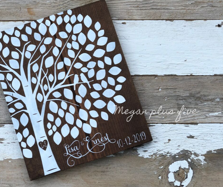 DIY wedding guestbook alternative, how to make your own wood sign for your wedding. Personalized painted wedding tree with birds.