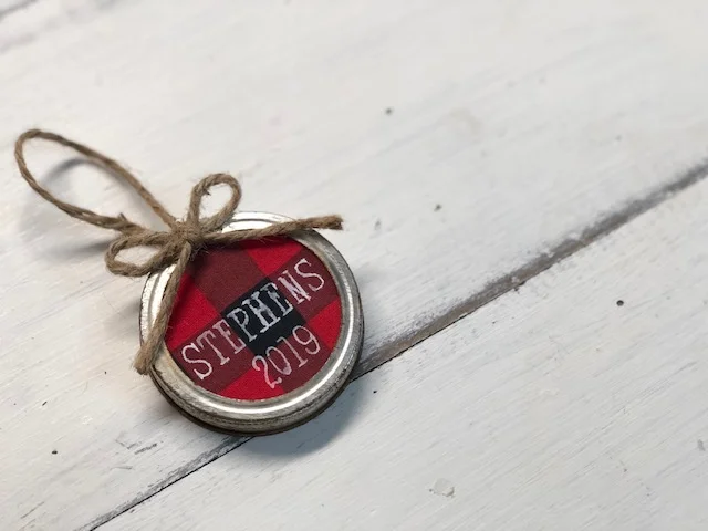 DIY personalized mason jar lid ornament using buffalo plaid - DAY 3