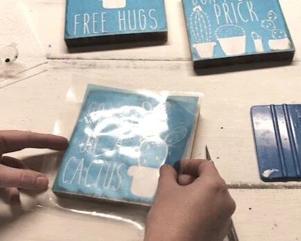 DIY mini wood sign tutorial. How to make hand painted wood signs with stencils, funny cactus signs, Don't be a prick, go sit on a cactus, free hugs cactus decor