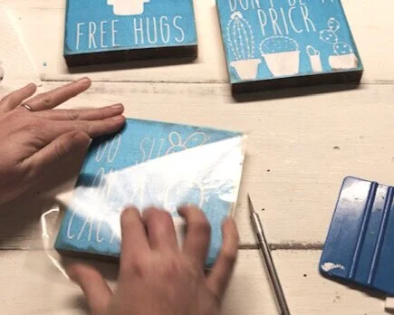 DIY mini wood sign tutorial. How to make hand painted wood signs with stencils, funny cactus signs, Don't be a prick, go sit on a cactus, free hugs cactus decor