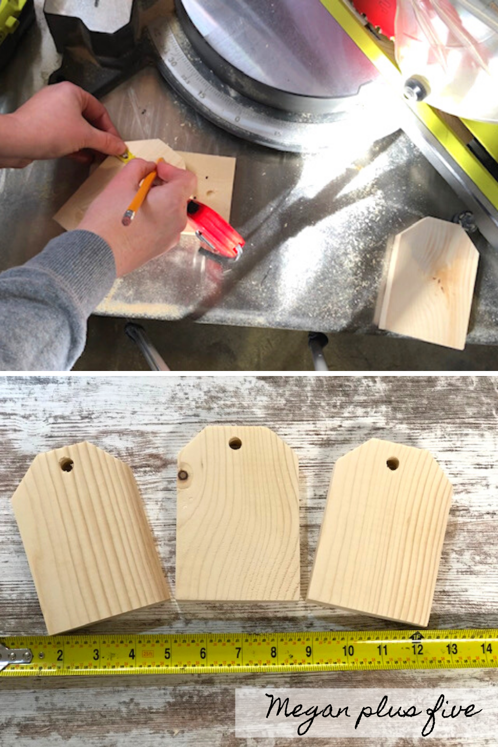 1x4 craft projects to make at home. How to make mini wood tags for tiered trays for that perfect farmhouse style. Easy wooden tags using your miter saw,