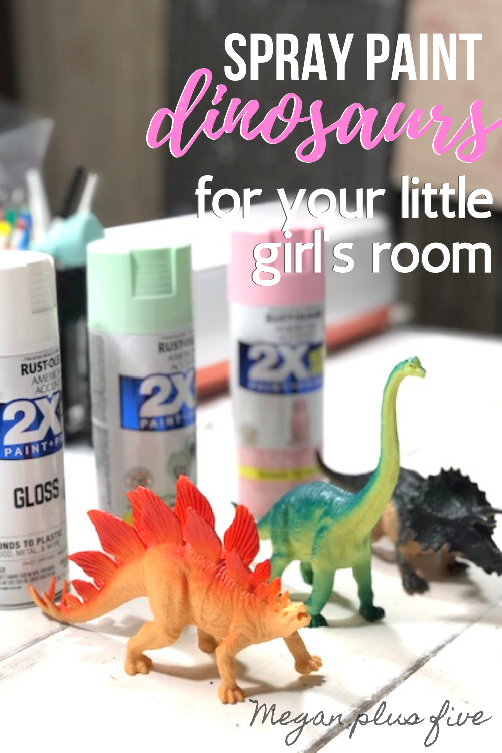 Make your little girl's dinosaur room dreams come true. How to spray paint cheap plastic dinosaurs to make them girly. DIY girl themed dinosaur bedroom for your daughter.