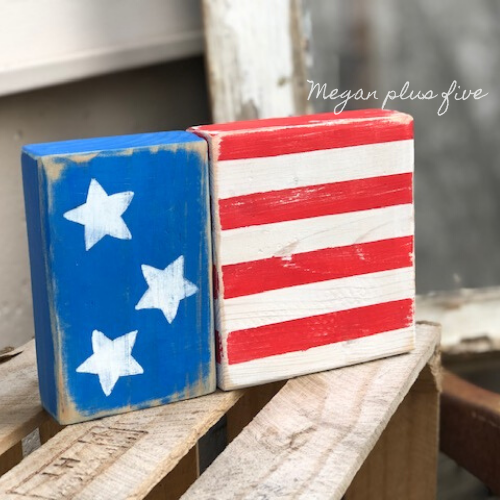 How to make a 2x4 American flag. DIY chunky wooden flag for your primitive rustic home decor. This tutorial will show you how to paint and distress your own wood flag to tie in with your 4th of July, Independence Day, farmhouse style decorations.