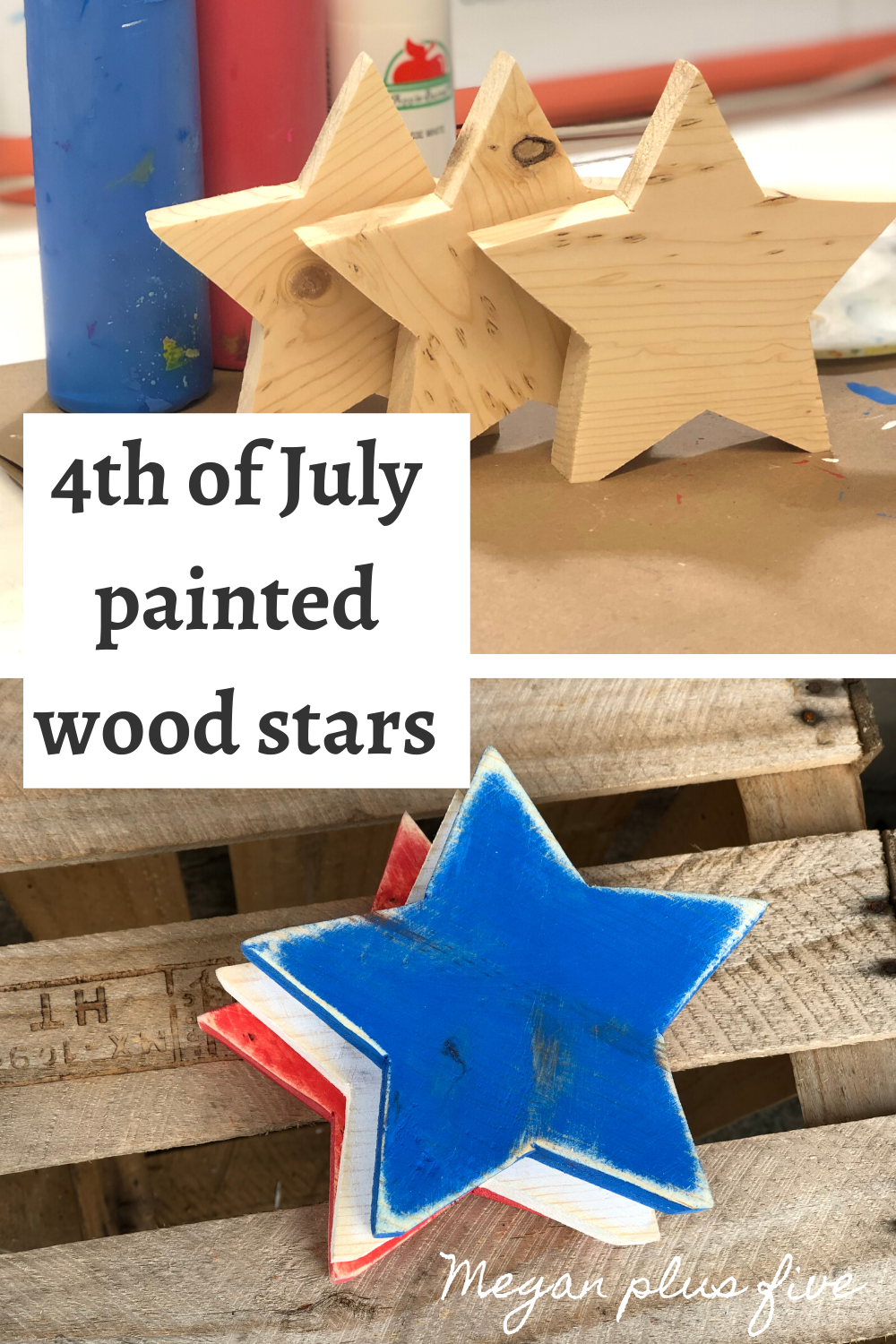 4th of July painted wood stars. How to paint and distress wooden stars for your Independence Day decor. DIY craft kit for adults. DIY farmhouse style decorations for your patriotic decor.