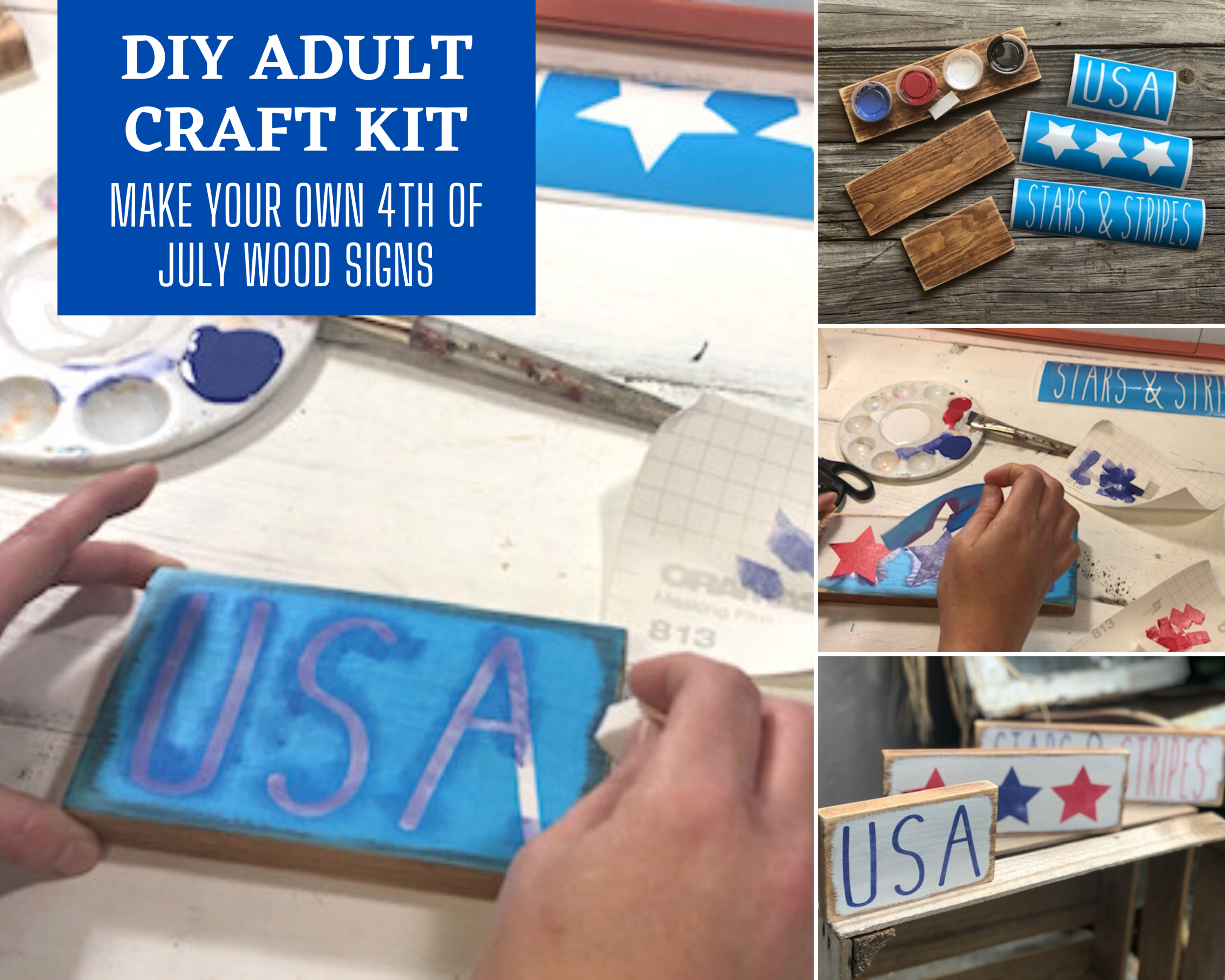 DIY craft kit for adults for the 4th of July. Make your own mini wood tiered tray signs with this craft kit. How to paint mini rustic wood signs. DIY patriotic crafts for adults