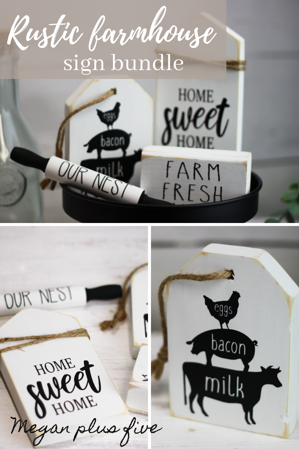Tiered tray signs for rustic home decor. Classic style mini wood signs in white and black. Sign bundle comes with home sweet home, farm animal trio of chicken pig and cow on a rustic wood tag, mini rolling pin our nest, and farm fresh.