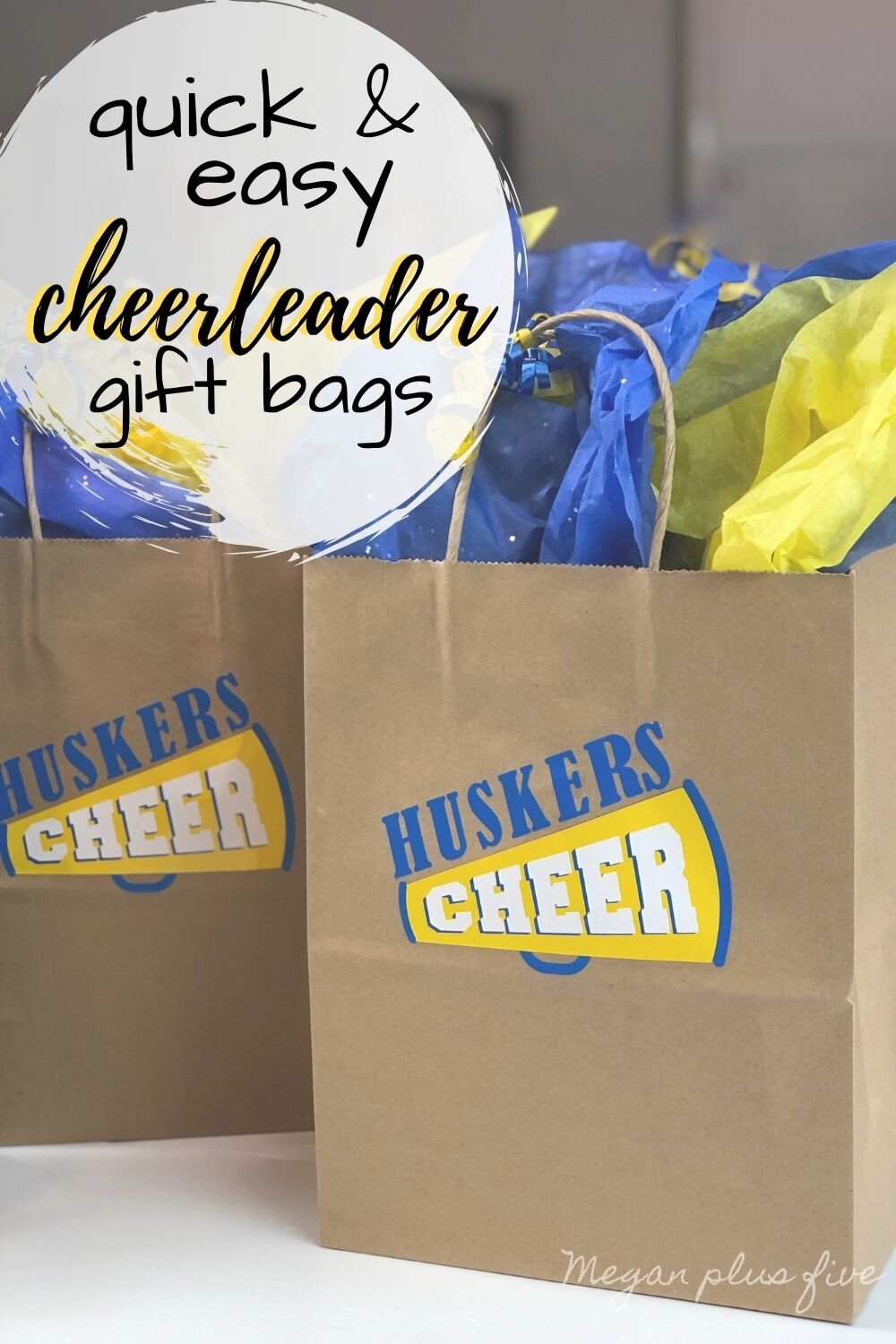 Cheerleader gift bags that are quick, easy, and inexpensive. Put together cute pampered gift bags for cheer appreciation gifts for the end of the season. Use your Cricut to make personalized vinyl decals.