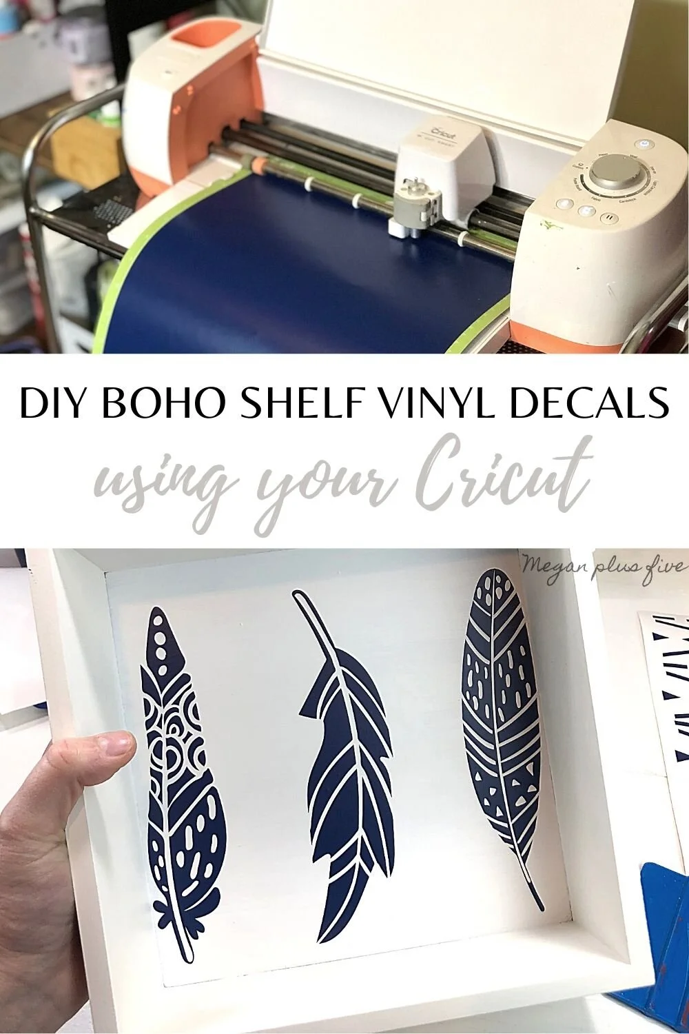 DIY boho shelf decals using your Cricut. How to makeover outdated floating cub shelves for a boho inspired bedroom. Feather, arrow, and geometric shapes for bohemian style home decor.