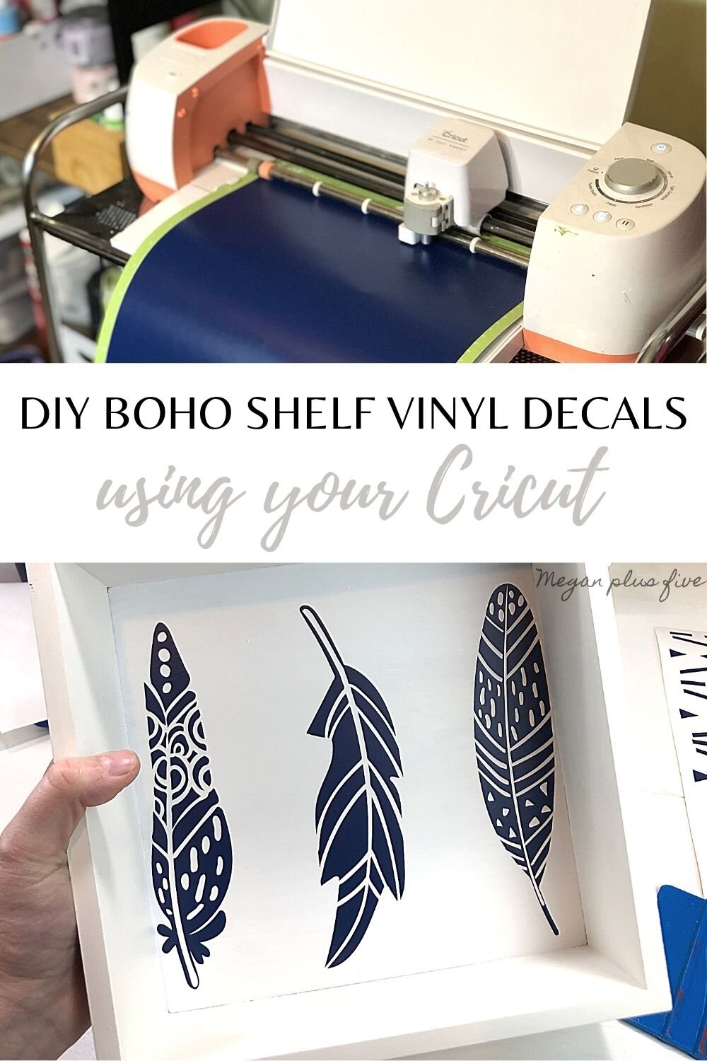 DIY boho shelf decals using your Cricut. How to makeover outdated floating cub shelves for a boho inspired bedroom. Feather, arrow, and geometric shapes for bohemian style home decor.