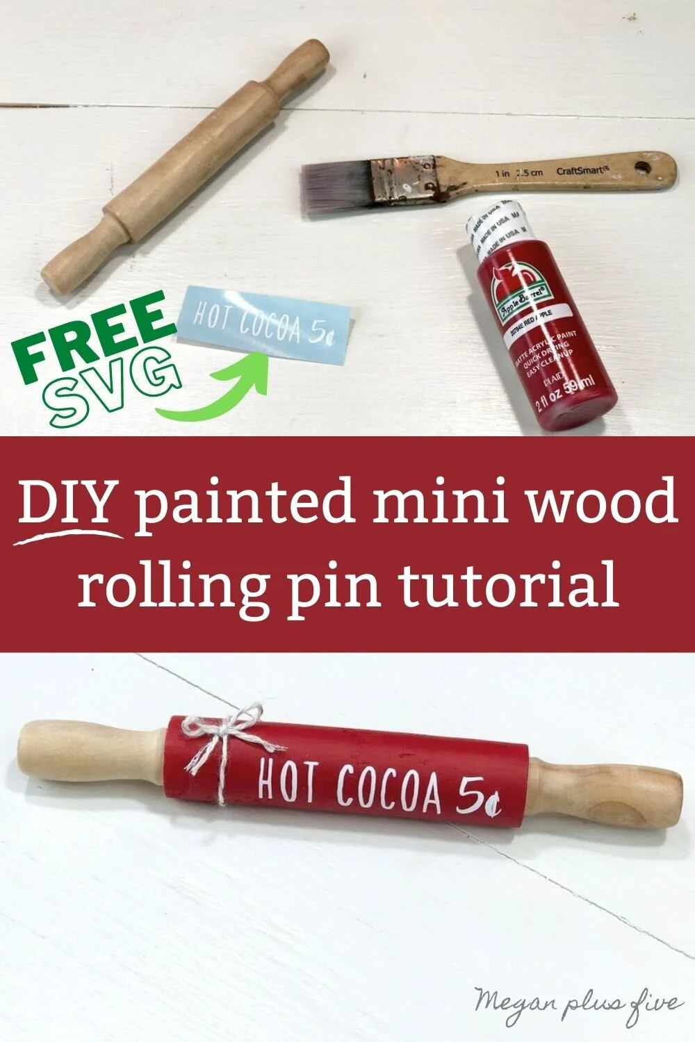 DIY mini wood rolling pin for tiered tray decorations for winter. How to make a hot cocoa themed coffee bar mini rolling pin accent plus free SVG. Make a painted wooden rolling pin for your rustic farmhouse home decor.