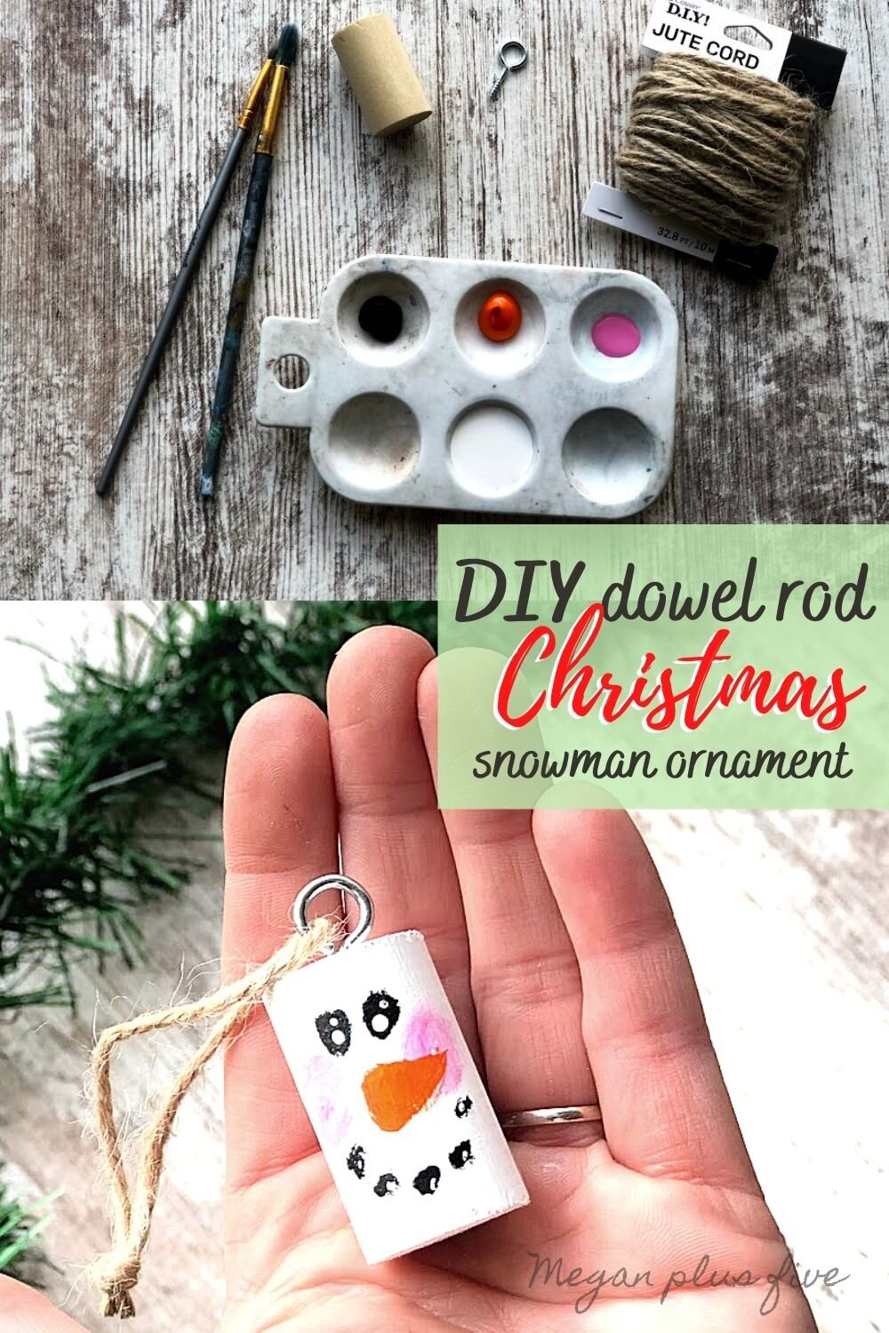 DIY Christmas ornaments to make with kids. Easy snowman (snowmen) Christmas tree hanging ornament to make from a dowel rod. How to paint a snowman on a Christmas ornament easy craft tutorial.