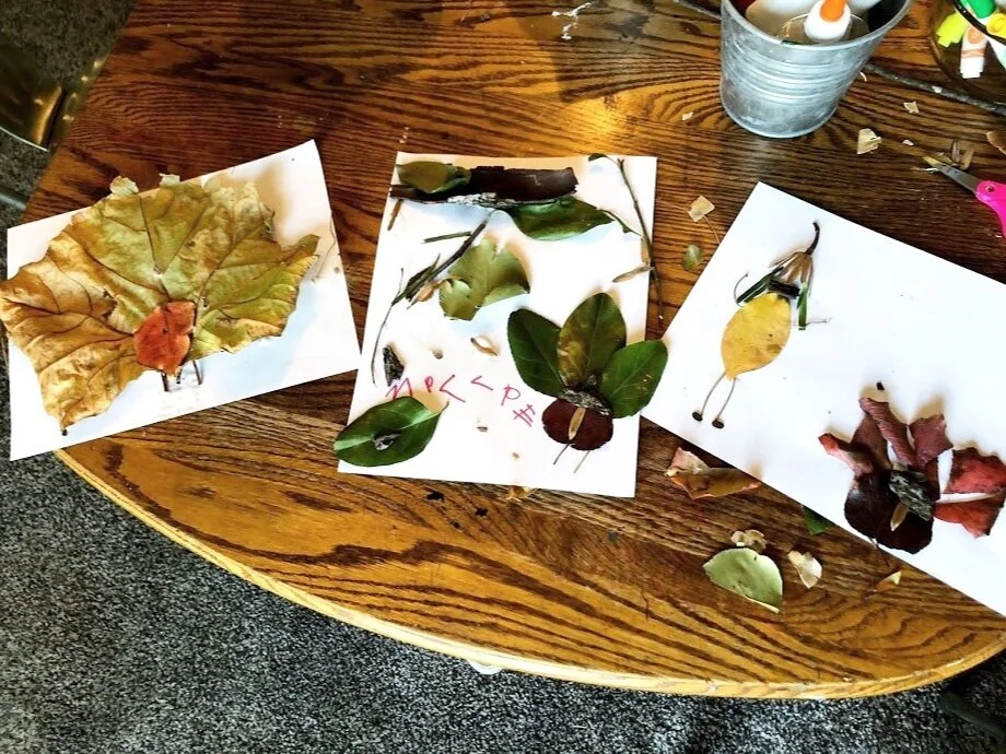 Leaf art with kids. Fun and easy leaf people and leaf turkeys for kids to make with their parents. Fun outdoor fall craft project to do with kids of all ages.