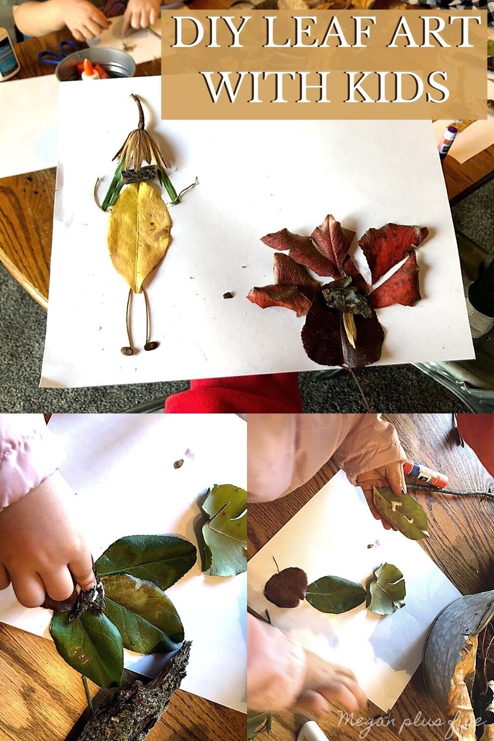 Leaf art with kids. Fun and easy leaf people and leaf turkeys for kids to make with their parents. Fun outdoor fall craft project to do with kids of all ages.