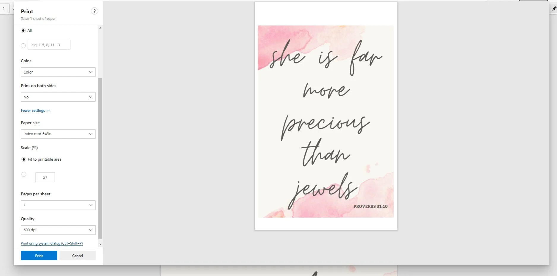 She is far more precious than jewels free printable sign. Watercolor geometrical theme proverbs 31:10 free print. Print your own girl, teen, tween biblical printout.