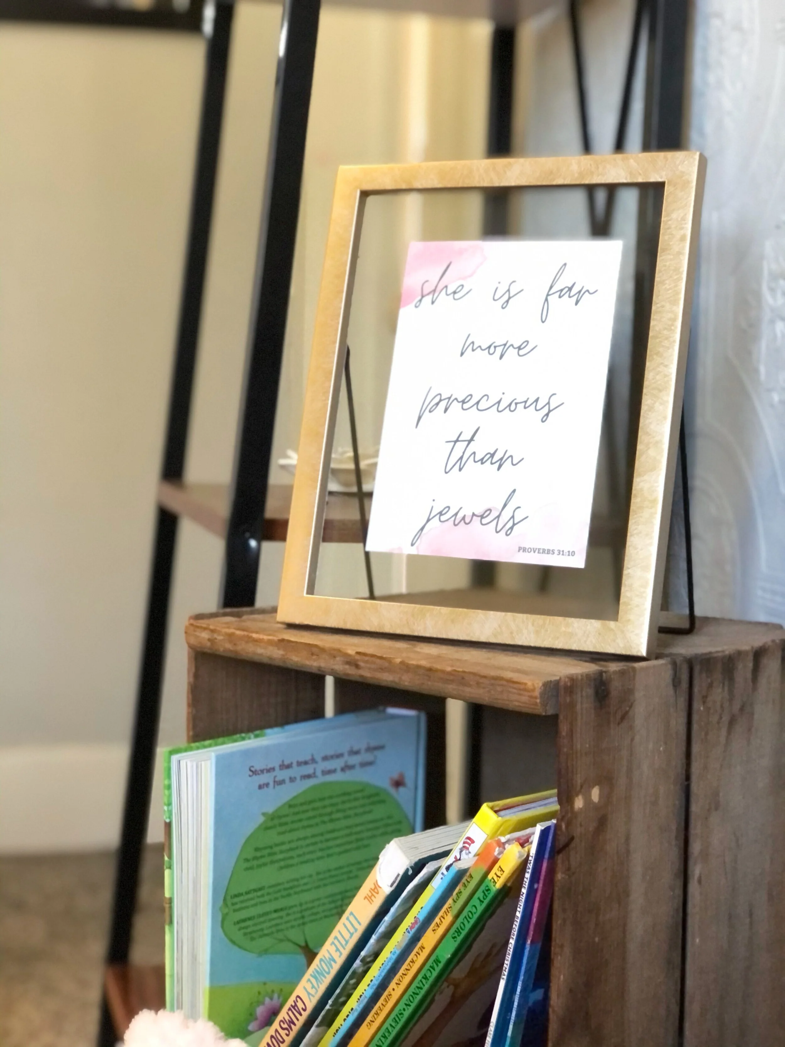 She is far more precious than jewels free printable sign. Watercolor geometrical theme proverbs 31:10 free print. Print your own girl, teen, tween biblical printout.