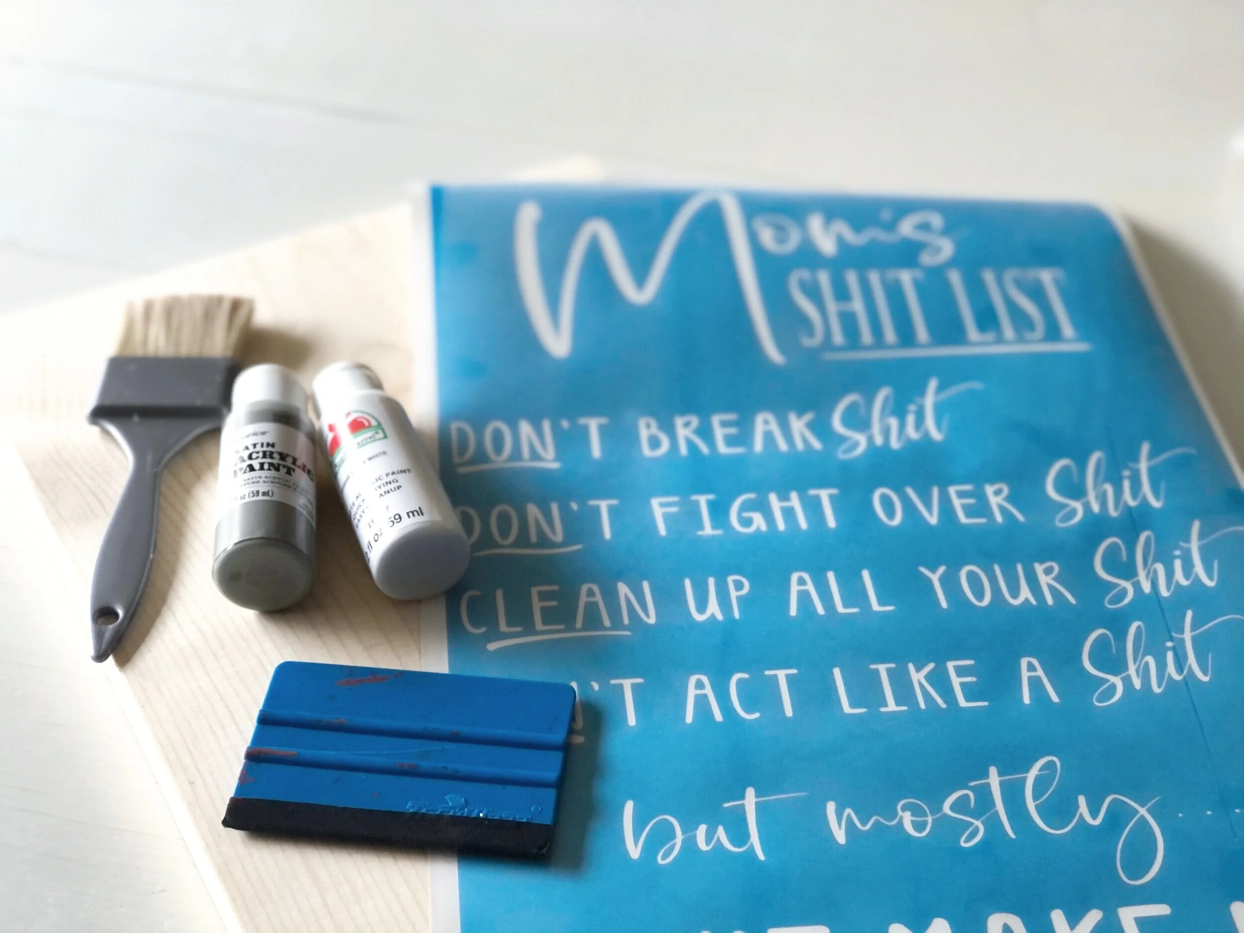 How to stencil on wood using your Cricut. DIY mom's shit list wood sign free SVG. How to paint a lettered wood sign step by step tutorial with pictures.