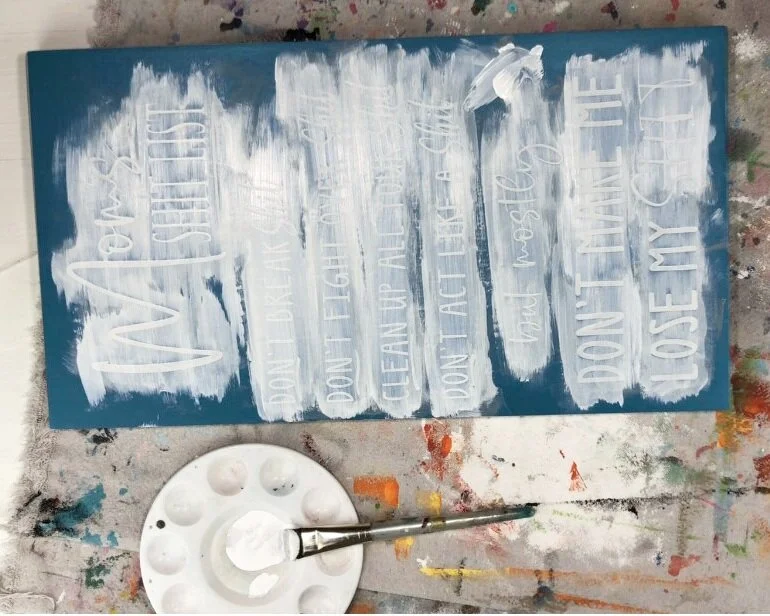 How to stencil on wood using your Cricut. DIY mom's shit list wood sign free SVG. How to paint a lettered wood sign step by step tutorial with pictures.