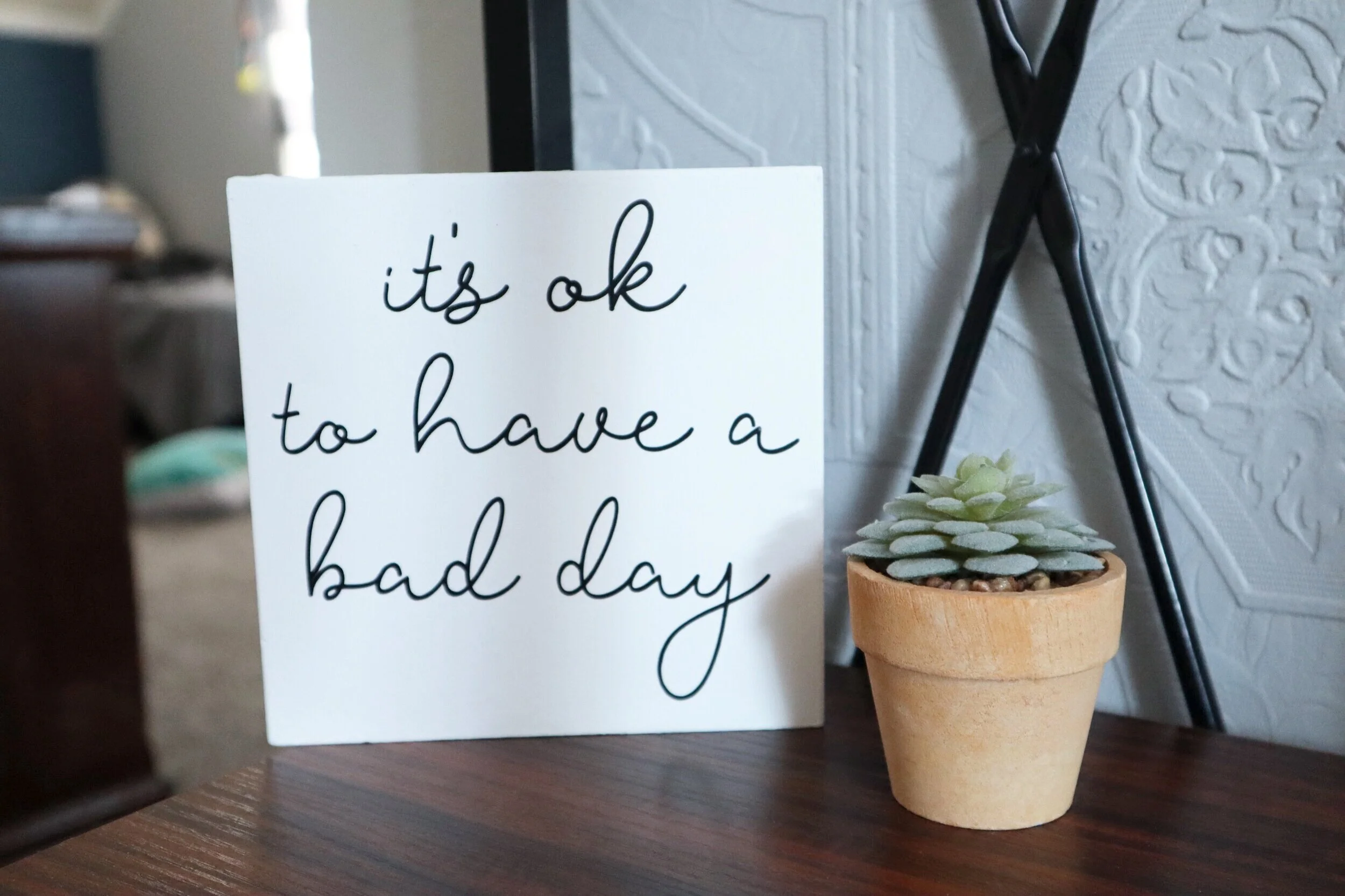 DIY dollar store sign makeover. How to give a dollar tree seasonal free standing faux wood sign a more modern look using your Cricut. DIY vinyl decal using your Cricut 'it's ok to have a bad day' diy sign.