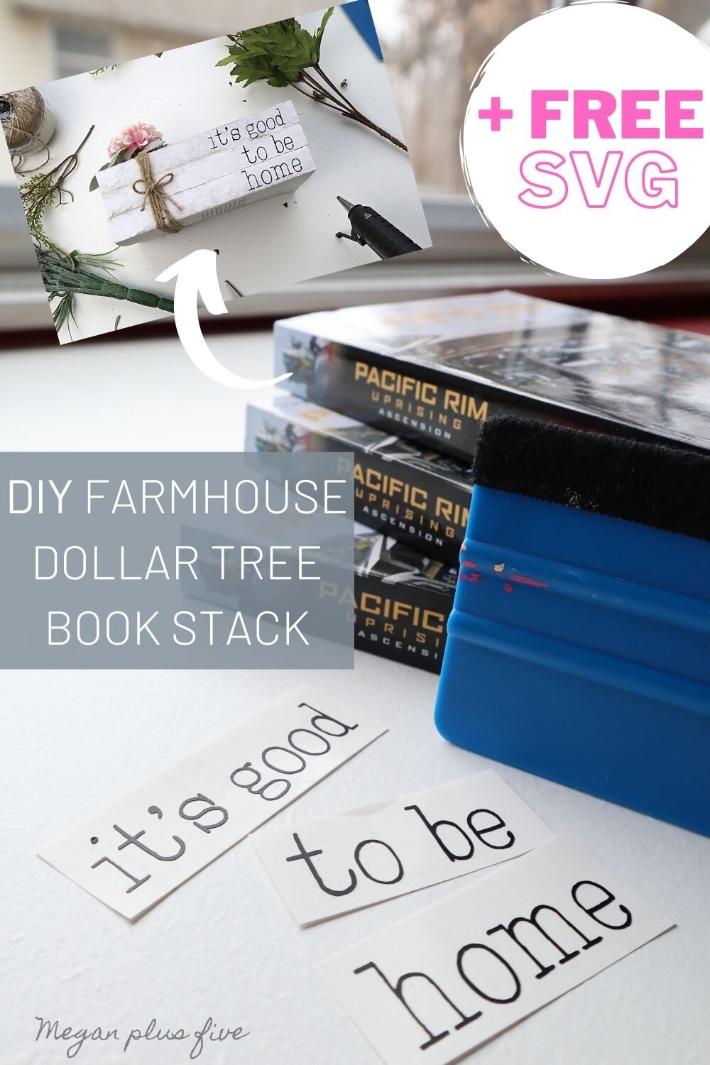 DIY farmhouse book stack using real book and vinyl decals from your Cricut cutting machine. Make your own simple rustic book stack easy & simple from Dollar Tree books.