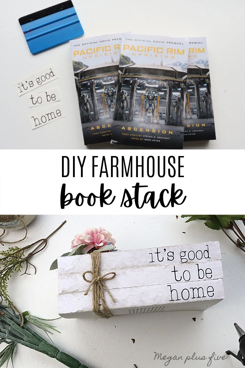 DIY farmhouse book stack using real book and vinyl decals from your Cricut cutting machine. Make your own simple rustic book stack easy & simple from Dollar Tree books.