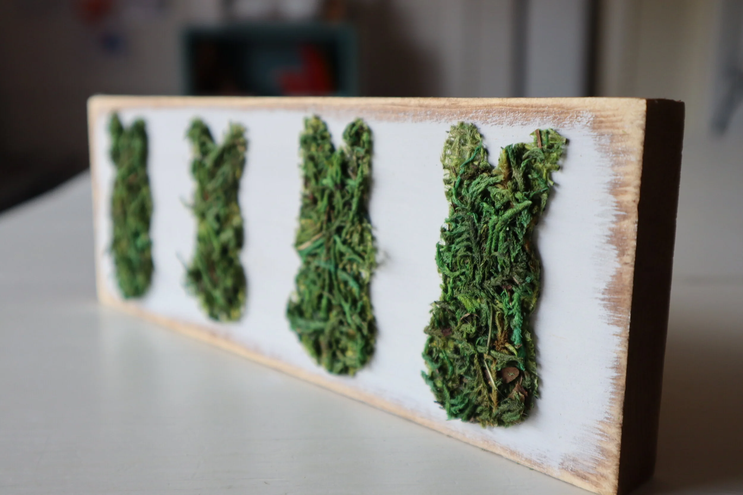 Dollar Tree moss bunny peeps on wood + FREE SVG