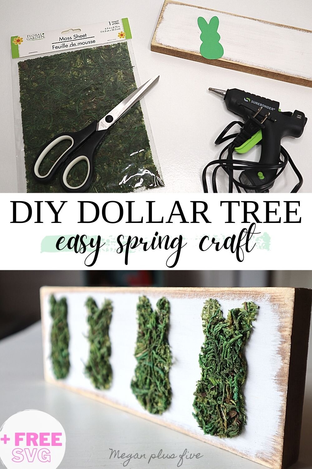 DIY spring Easter Dollar Tree craft, easy and simple peep bunny craft made out of sheet moss. Frugal Easter craft for spring using your Cricut or vinyl cutting machine. Scrap wood craft project