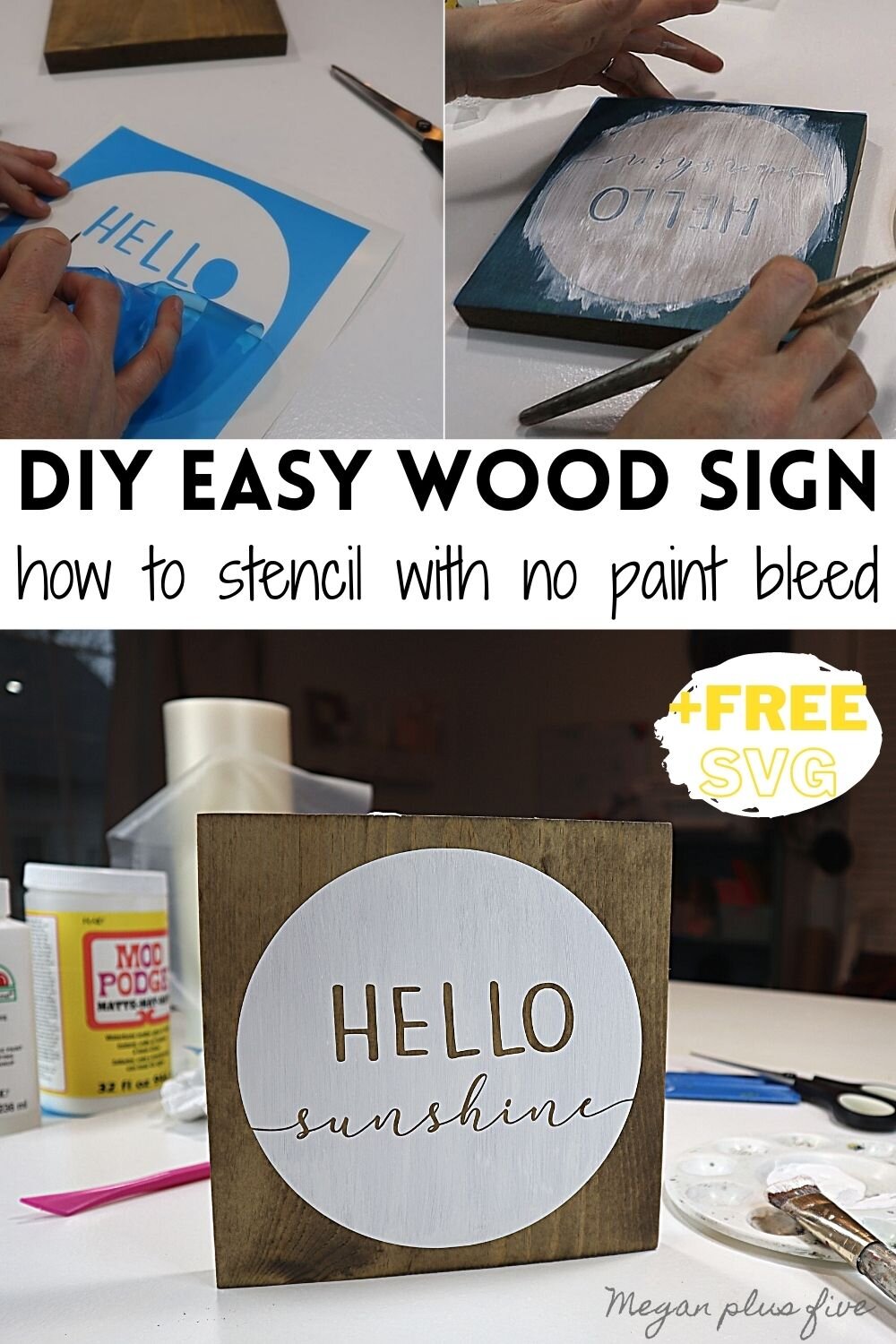 DIY how to stencil on wood sign painting tutorial. How to make a hello sunshine lettered sign for summer. Using oramask stencil film to paint wood signs without paint bleed. free svg to use with cricut for sign making.