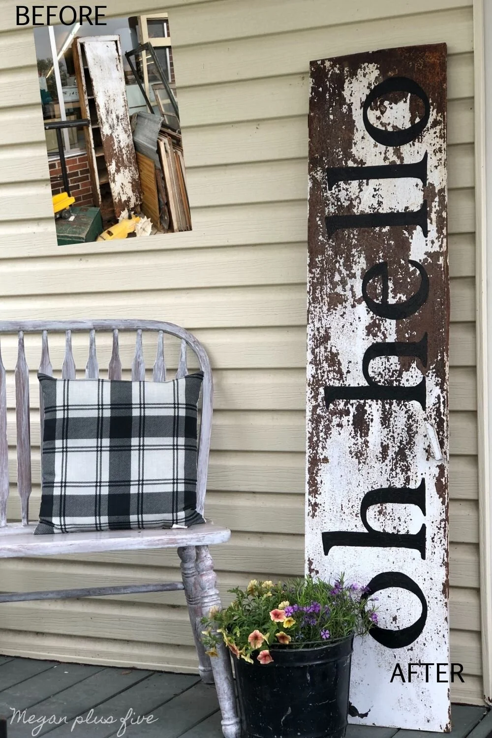 How to make a rustic farmhouse style front porch sign. DIY oh hello leaning porch sign using your Cricut or Silhouette cutting machine plus free svg.