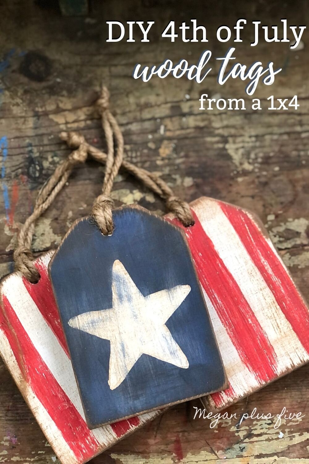 DIY wood tags for Fourth of July made from a 1x4. Tiered tray rustic farmhouse wooden tags for the 4th of July. Red white and blue patriotic farmhouse rustic DIY decorations for coffee bar.
