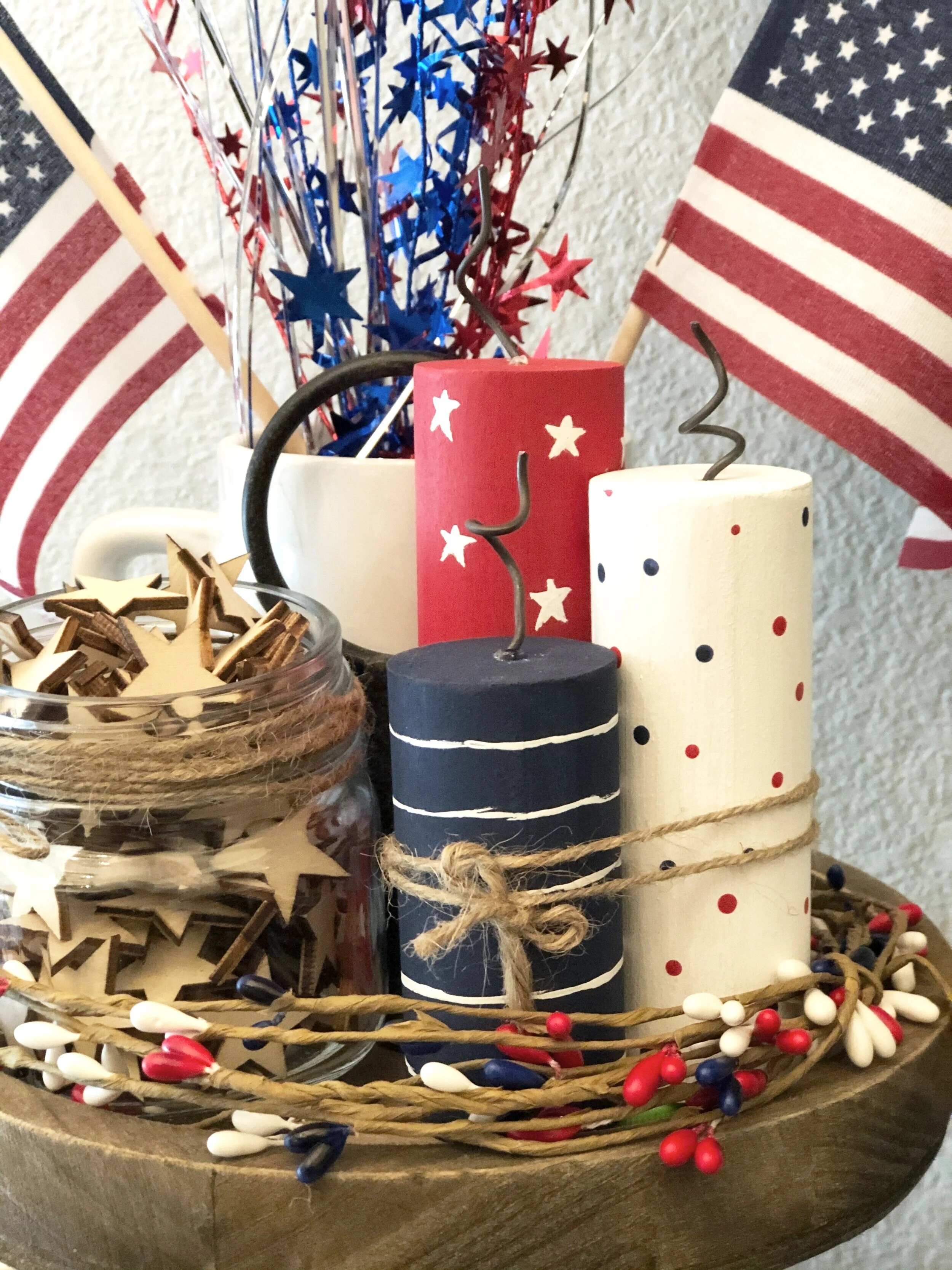Patriotic crafts for the 4th of July. How to make your own wood firecrackers. DIY 4th of July firework craft for tiered tray decor. Rustic farmhouse style decorations for summer.
