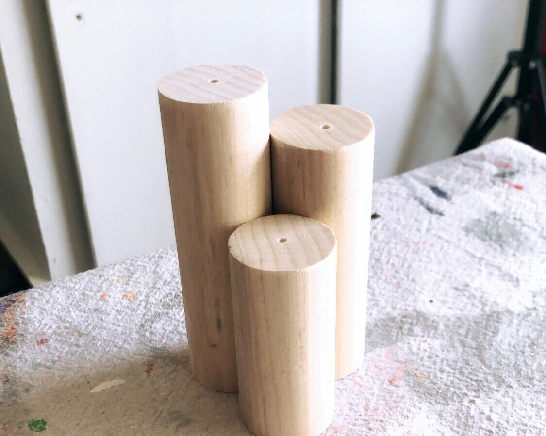1..25" wood dowel rods cut down to smaller lengths with holes drilled in the tops