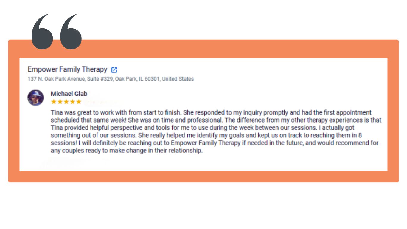 Tina was great to work with from start to finish. She responded to my inquiry promptly and had the first appointment scheduled that same week! She was on time and professional. The difference from my other therapy experiences is that Tina provided he