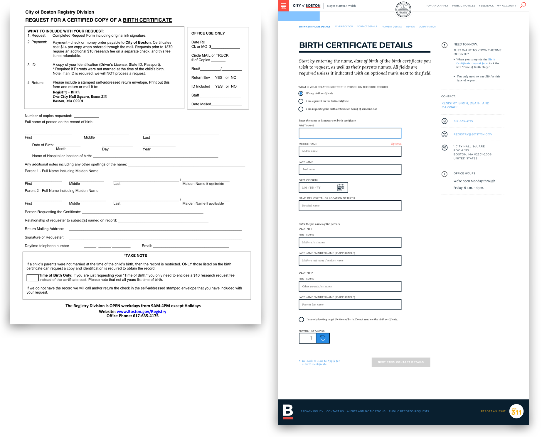 Left: Current form for download on Boston.gov. Right: Proposed online form in keeping with the existing UI.