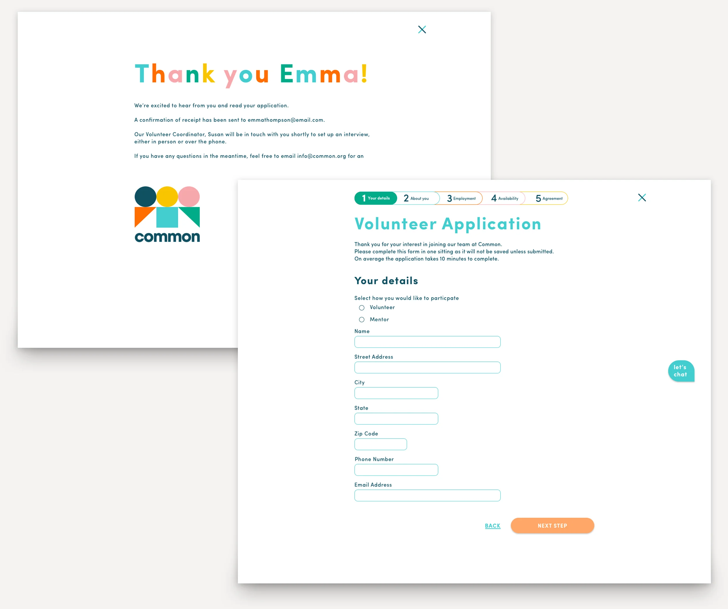 Screens from the Volunteer application form.