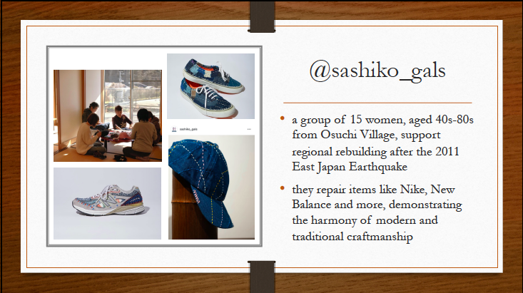 This slide features the Sashiko Gals, a group of women in Osuchi Village, rebuilding their lives following the 2011 East Japan Earthquake, using sashiko to create work for themselves.