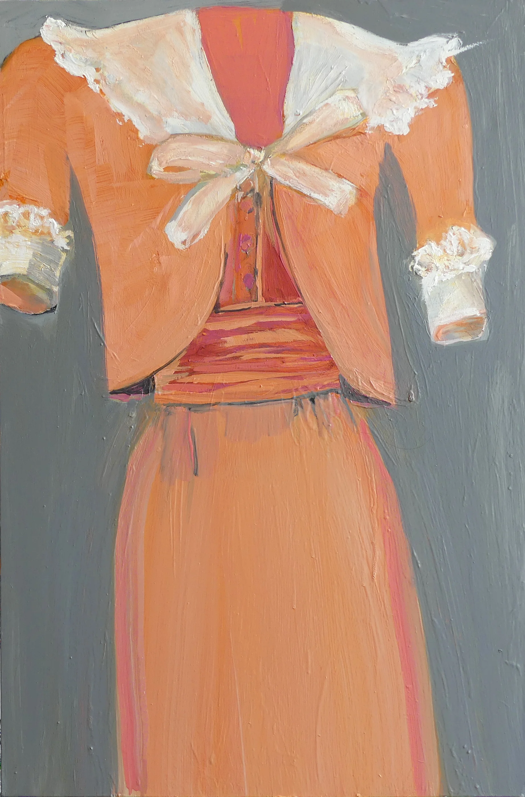 Silk 'Going Away' dress with fichu collar and bolero jacket worn to board the train for her honeymoon, July 1981 official overseas trip to Australia, 1982; Grimsbu, England, 1983 Bellville Sassoon 1981 2018 Acrylic, oil, oil stick, and charcoal on canvas 30 x 24 in