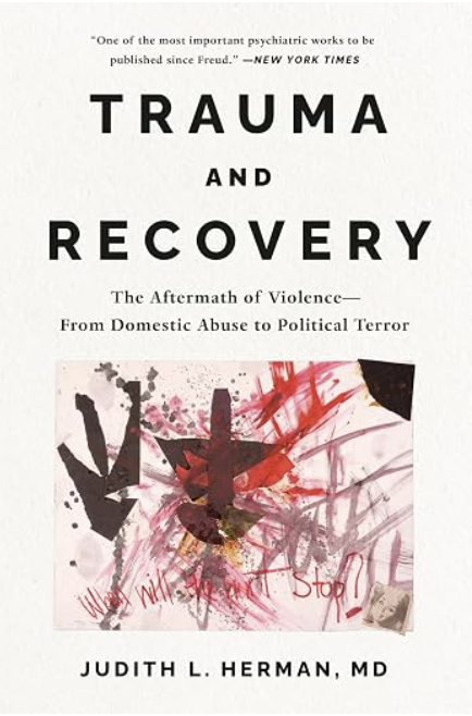 A white book cover with an abstract painting on it titled "Trauma and Recovery"