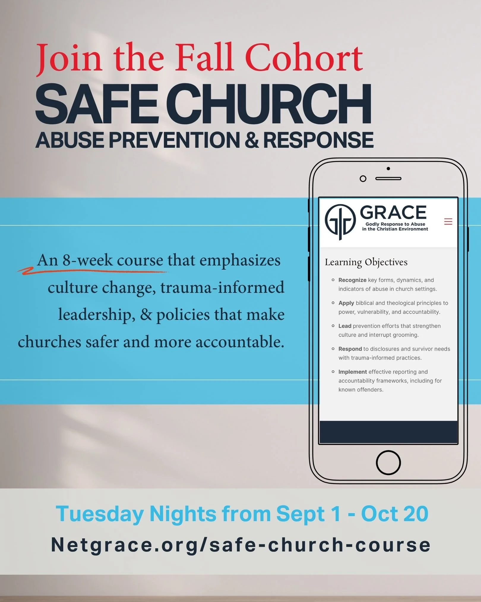 A poster announcing the fall cohort of the safe church abuse prevention and response course