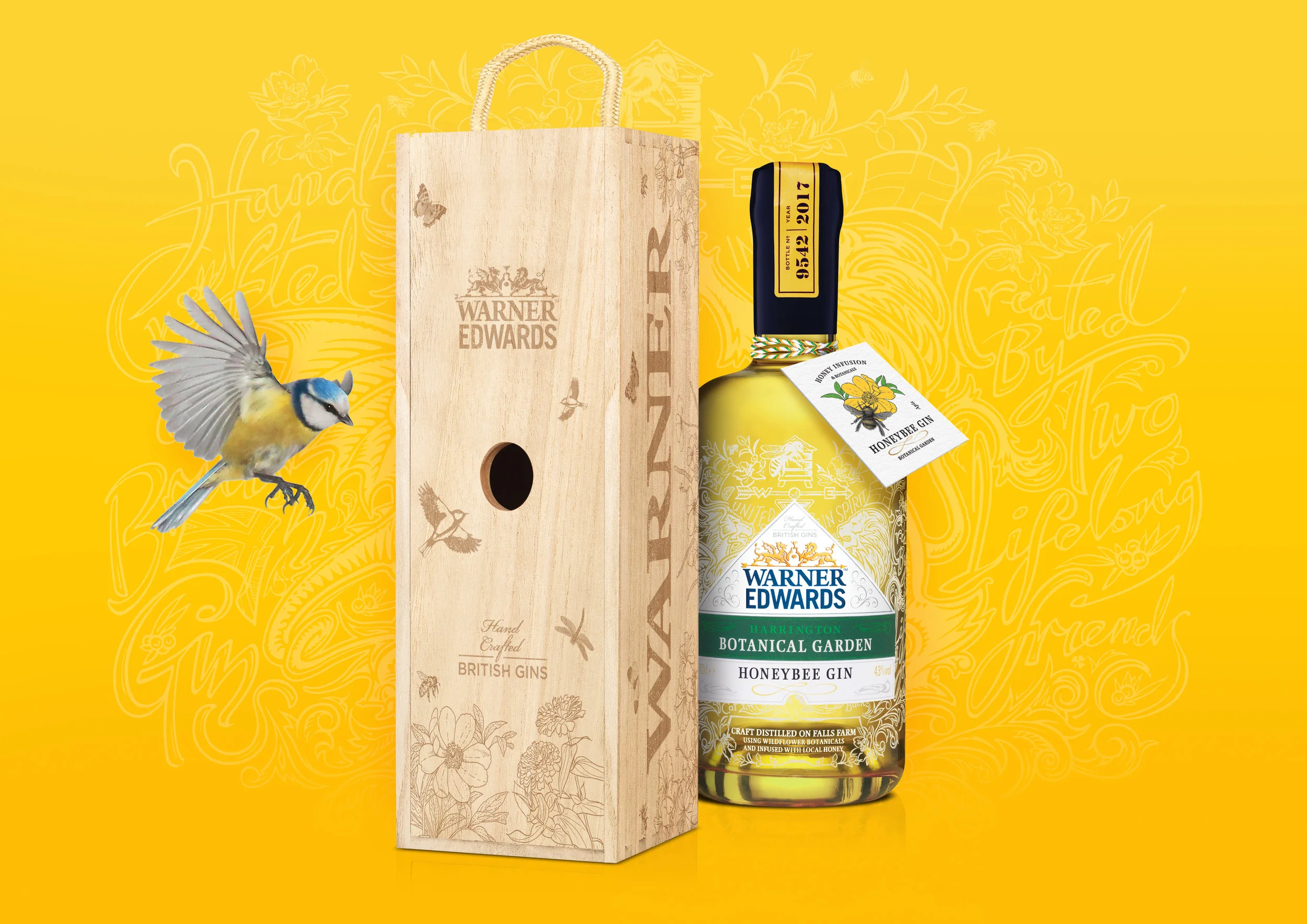 Warner Edwards gin is distilled on Falls Farm in Harrington… We reflected their commitment to nature with this Selfridges exclusive limited edition gin packaging, which has been designed to be hung as a bird box, or be up-cycled into a bee hotel, or seed planter to plant the supplied wildflower seeds.