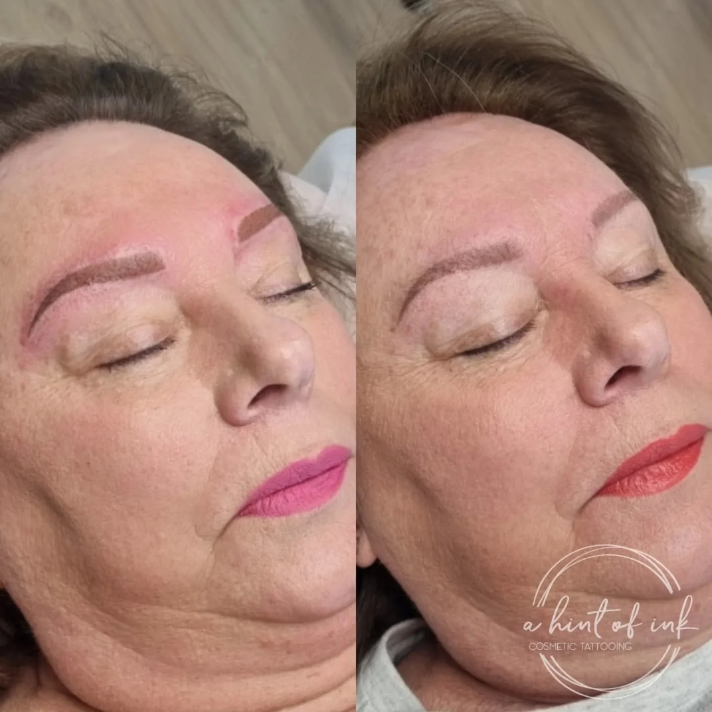 Left: Freshly tattooed
Right: Healed result

This is a great example of how bold and scary a fresh tattoo looks vs. how soft and natural the end result is. 

And best of all, no-one has even noticed she had her brows done, not even her partner. Brow 