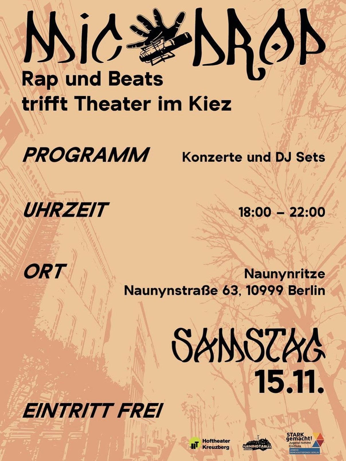 MIC DROP 
Hip Hop f&uuml;r den Kiez!

In dem Projekt MIC DROP: Rap &amp; Beats, Theater im Kiez arbeiten Menschen verschiedenen Alters seit Monaten an Songs, die sie endlich auf die B&uuml;hne bringen. 

Das Ziel war es, den Alltag im Kiez, gepr&auml