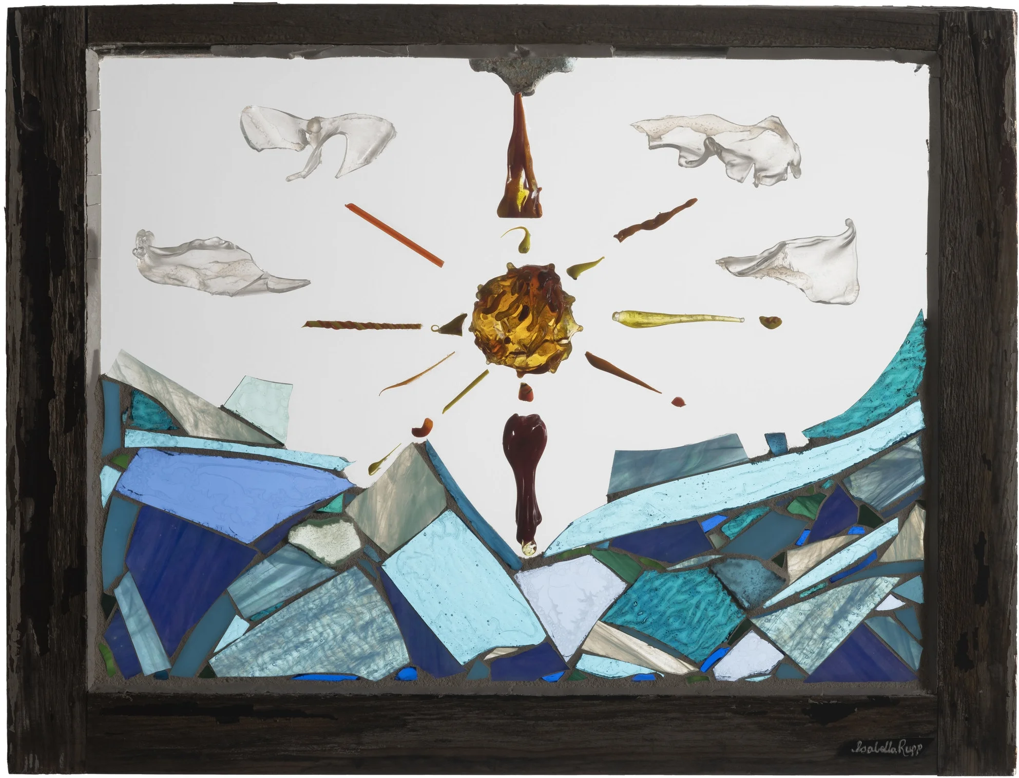 Molten Sun, 2007. Flameworked and cold-cut glass, 18 x 24 in. Window from West 24th St., New York, NY