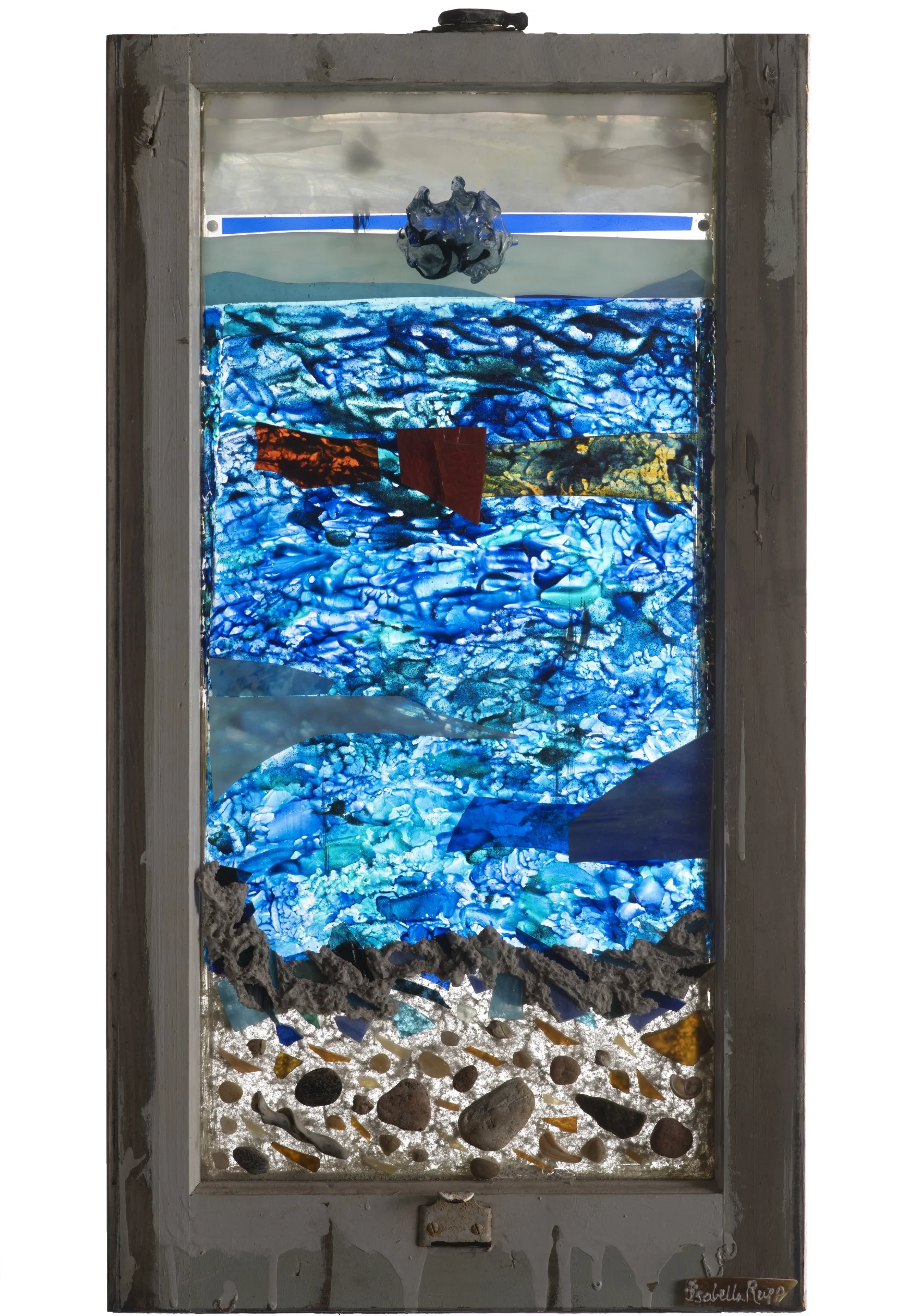 Rock-n-Roll, 2009. Flameworked glass, acrylic paint, clay, 29 x 16 in. Window from Chelsea, New York, NY