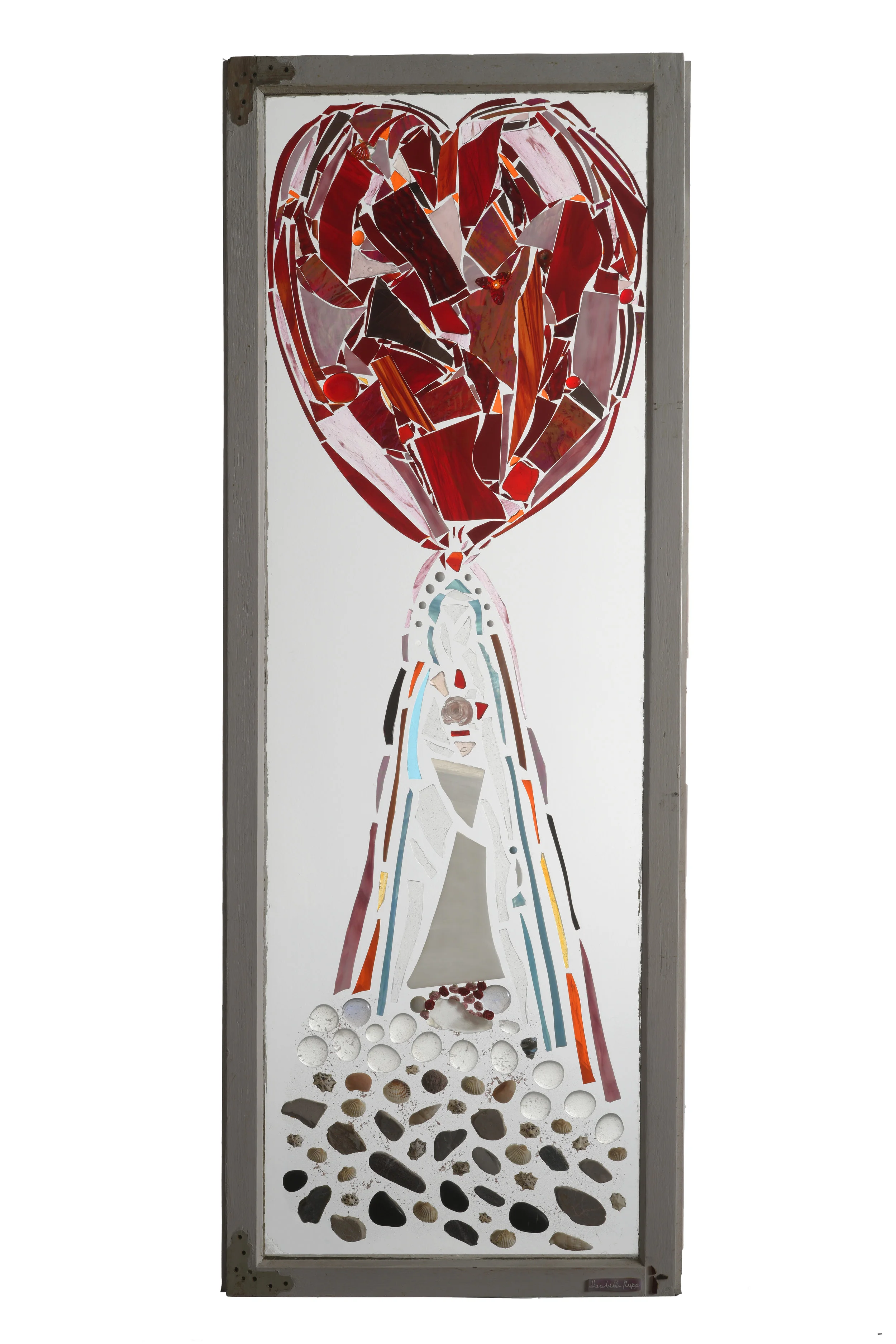 Opening, 2004. Flameworked and cold-cut glass, gel medium, stones, shells, silk roses, 51 x 19 in. Bay window from Northport, NY