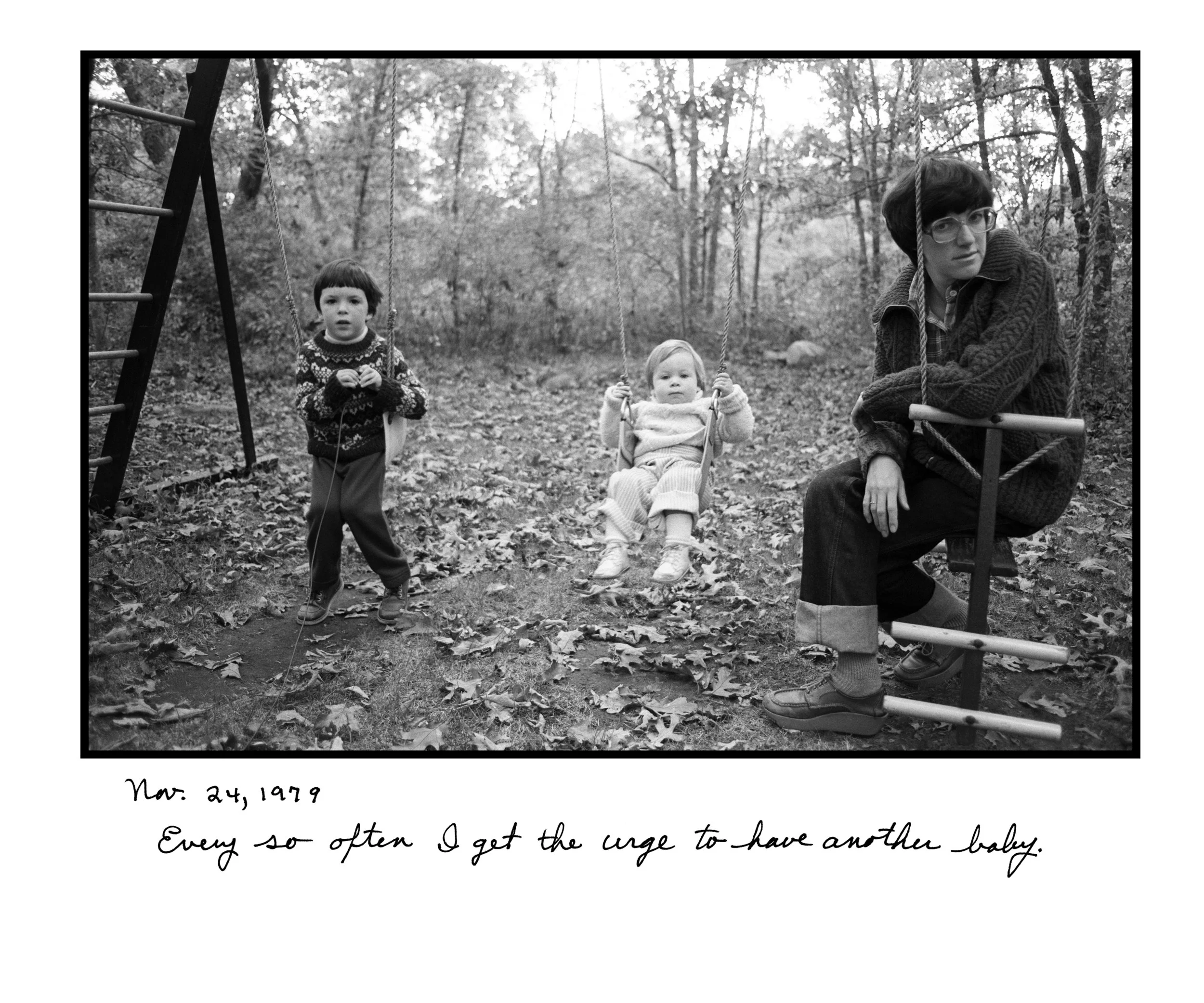Judy Gelles, Swing Set , 1979 Silver gelatin print with handwritten notes (original); digital pigment print, 20 x 24 in, edition of 5 Inquire