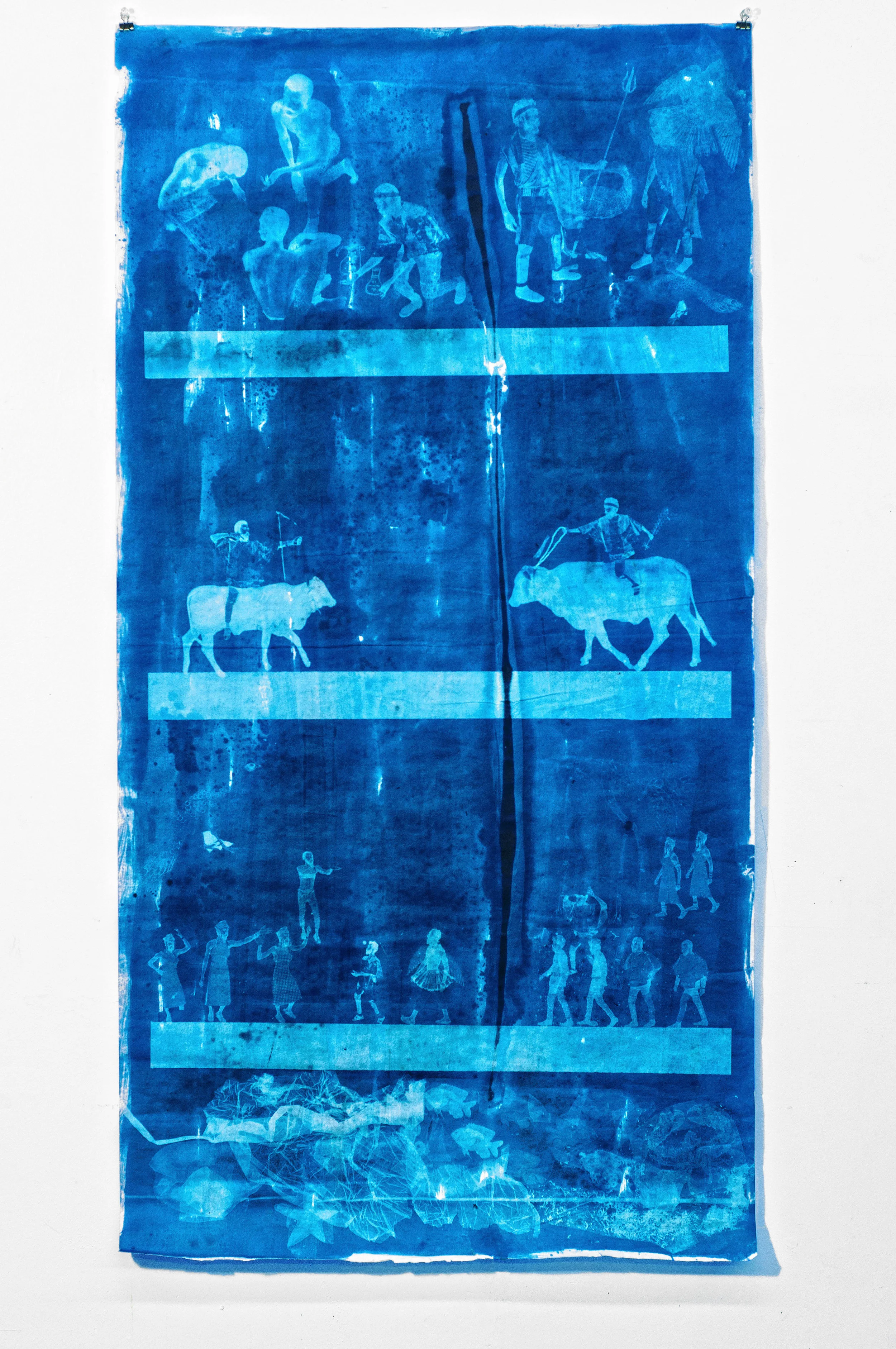 Ivan Forde, Three Rivers (from Invocation), 2018 Blueprint on rice paper, 50 x 25 inches (paper size), 60 x 33 x 5 inches (mounted in plexiglass box), unique Inquire