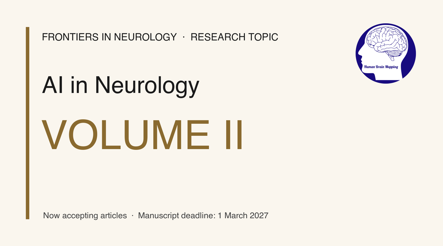 Human Brain Mapping card for AI in Neurology, Volume II, noting that it is accepting articles.